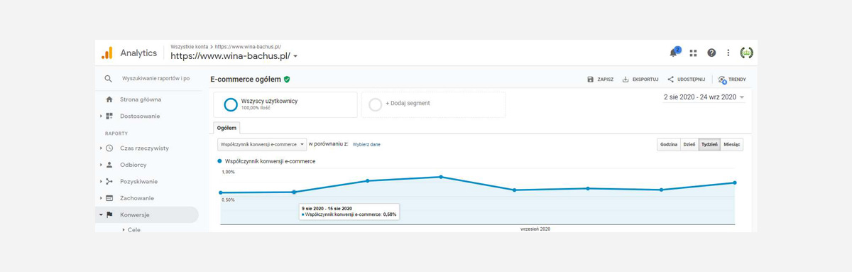 Case Study - Migracja i rozbudowa sklepu internetowego - Wykres wskaźnika współczynnika konwersji wg Google Analytics