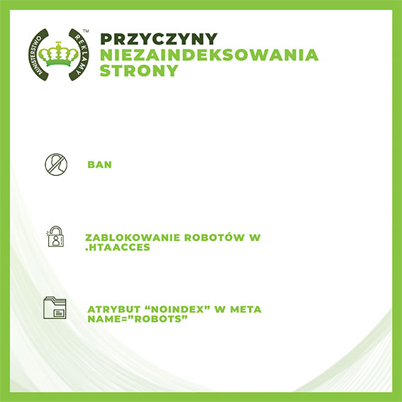 Przyczyny niezaindeksowania strony: ban, zablokowanie robotów w .htaccess, atrybut noindex w meta - Infografika
