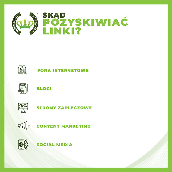 Skąd pozyskiwać linki: fora internetowe, blogi, strony zapleczowe, content marketing, social media - Infografika